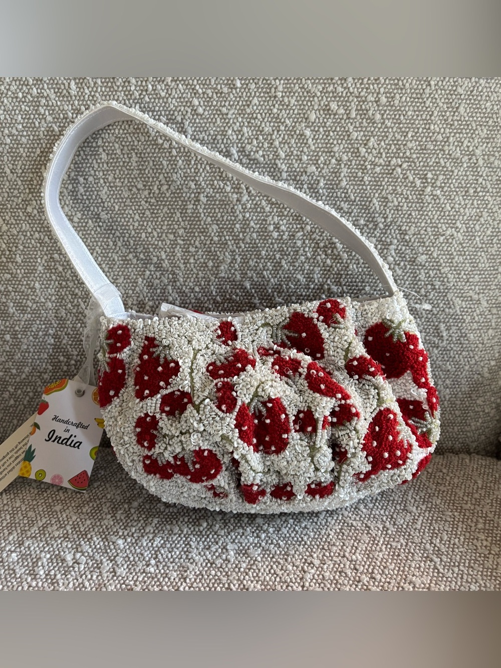 Handmade Strawberry Beaded Clutch Wristlet - White & Red